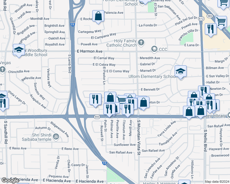map of restaurants, bars, coffee shops, grocery stores, and more near 4461 East Bennett Drive in Las Vegas