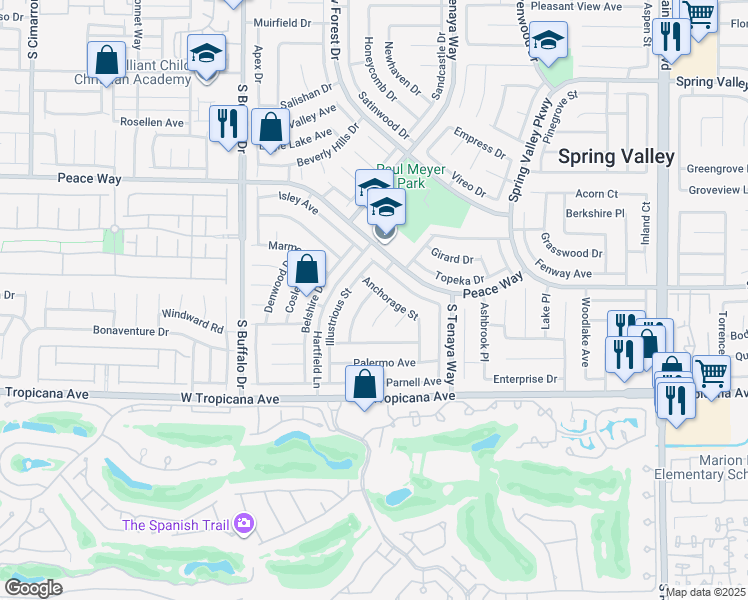 map of restaurants, bars, coffee shops, grocery stores, and more near 4727 Siegfried Street in Las Vegas