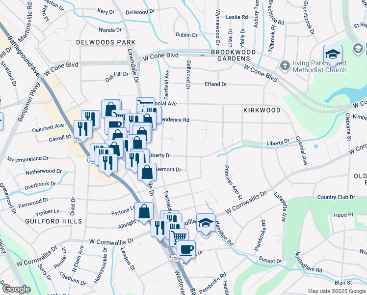 map of restaurants, bars, coffee shops, grocery stores, and more near 2407 Dellwood Drive in Greensboro