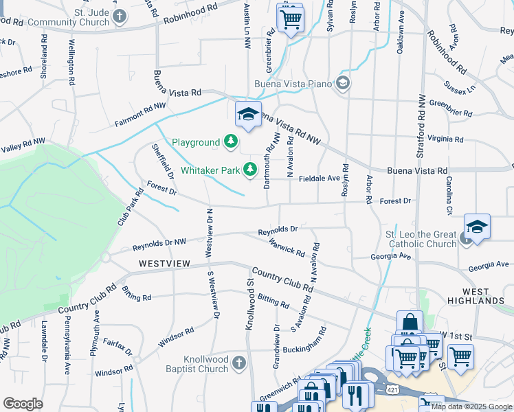 map of restaurants, bars, coffee shops, grocery stores, and more near 2623 Forest Drive in Winston-Salem