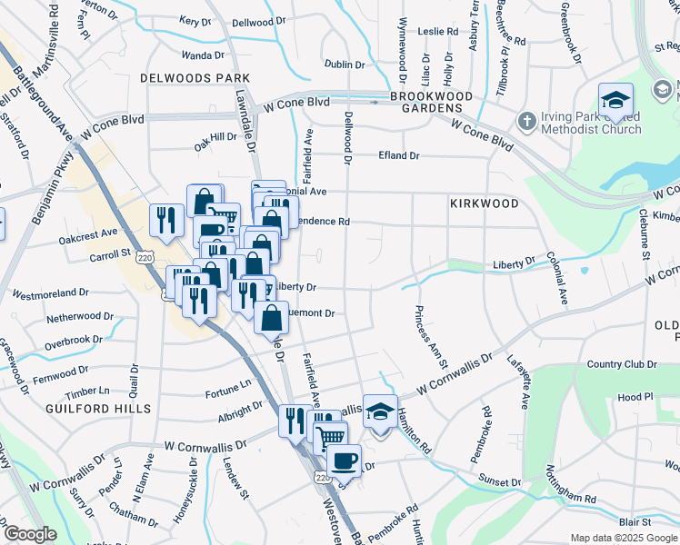 map of restaurants, bars, coffee shops, grocery stores, and more near 2407 Dellwood Drive in Greensboro
