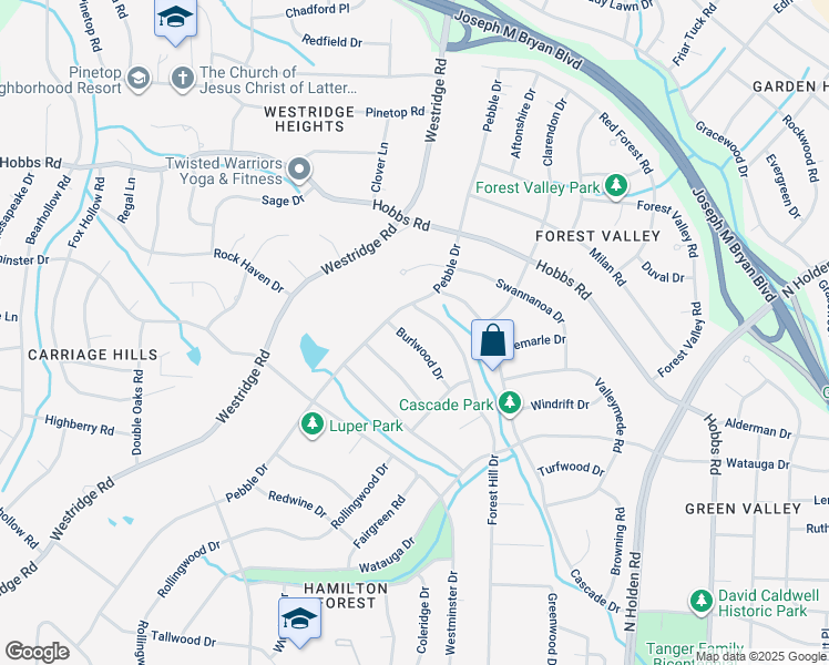 map of restaurants, bars, coffee shops, grocery stores, and more near 1514 Burlwood Drive in Greensboro