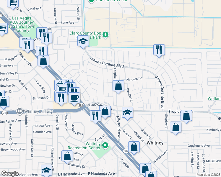 map of restaurants, bars, coffee shops, grocery stores, and more near 5710 East Tropicana Avenue in Las Vegas