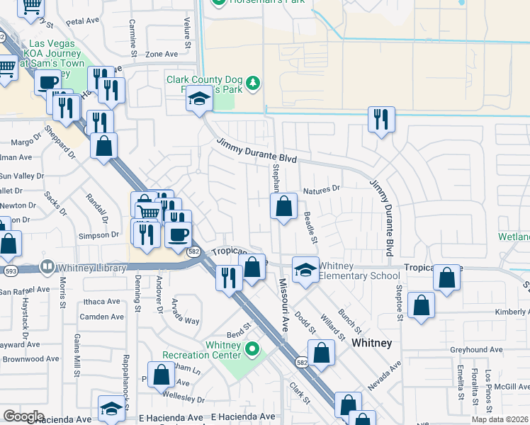 map of restaurants, bars, coffee shops, grocery stores, and more near 5710 East Tropicana Avenue in Las Vegas