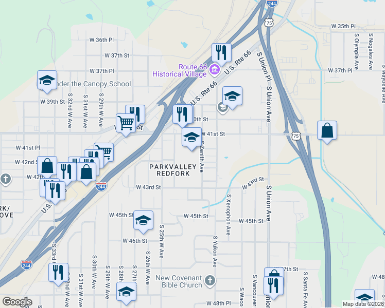 map of restaurants, bars, coffee shops, grocery stores, and more near 2224 West 41st Street in Tulsa