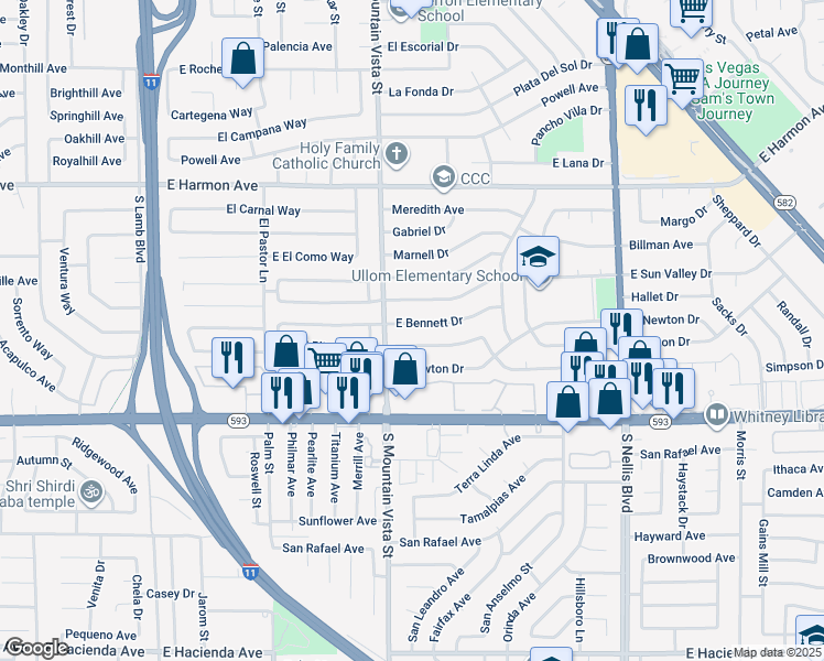 map of restaurants, bars, coffee shops, grocery stores, and more near 4655 East Bennett Drive in Las Vegas