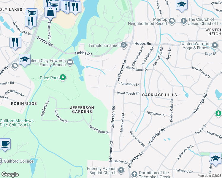 map of restaurants, bars, coffee shops, grocery stores, and more near 8 Pepperwood Circle in Greensboro