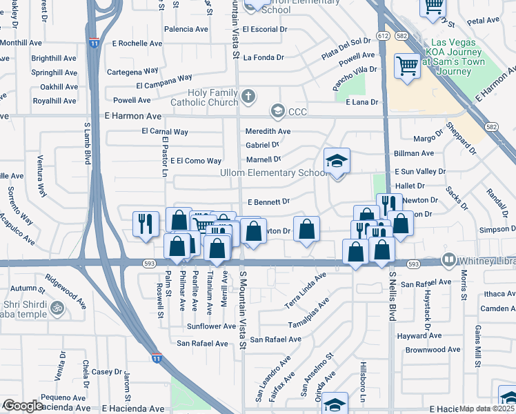 map of restaurants, bars, coffee shops, grocery stores, and more near 4655 East Bennett Drive in Las Vegas