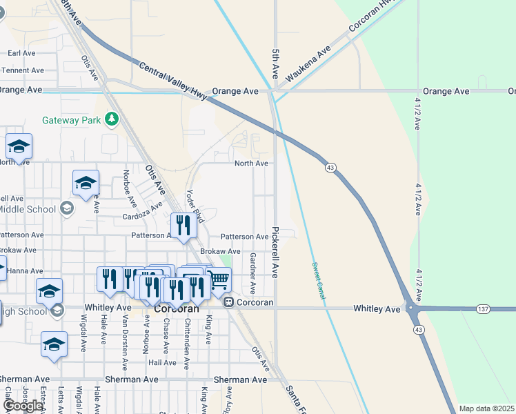 map of restaurants, bars, coffee shops, grocery stores, and more near 721 Gardner Avenue in Corcoran