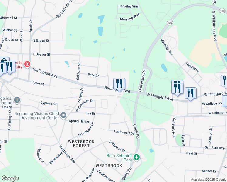 map of restaurants, bars, coffee shops, grocery stores, and more near 957 Burlington Avenue in Gibsonville