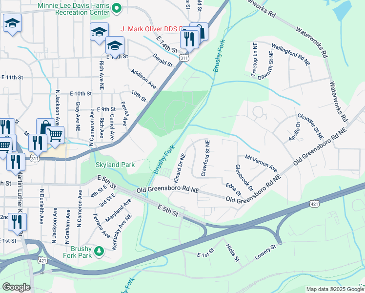 map of restaurants, bars, coffee shops, grocery stores, and more near 586 Kinard Drive Northeast in Winston-Salem