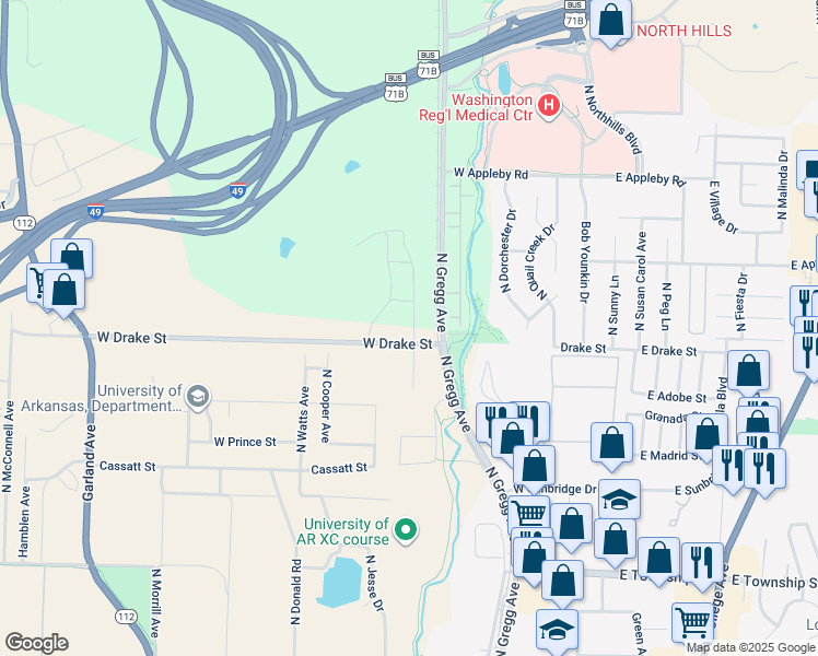 map of restaurants, bars, coffee shops, grocery stores, and more near 572-686 West Drake Street in Fayetteville