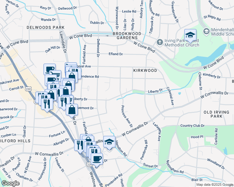 map of restaurants, bars, coffee shops, grocery stores, and more near 1710 Liberty Drive in Greensboro