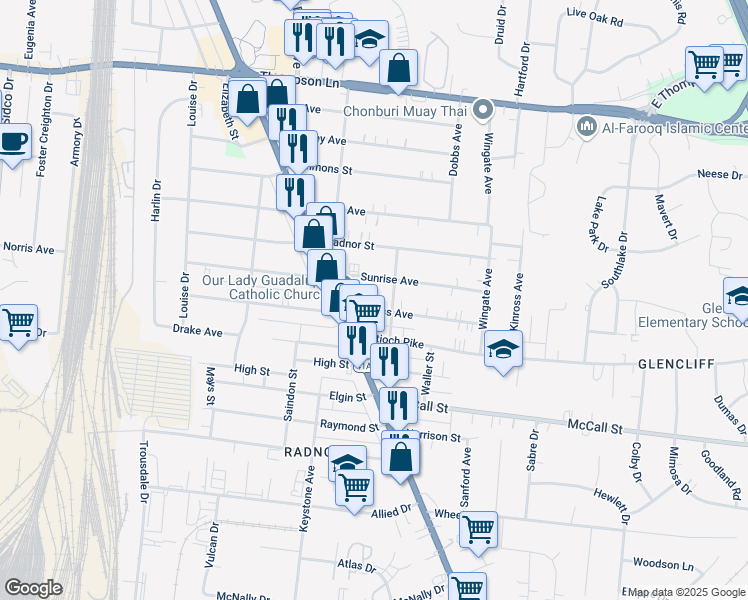 map of restaurants, bars, coffee shops, grocery stores, and more near 312 Thuss Avenue in Nashville