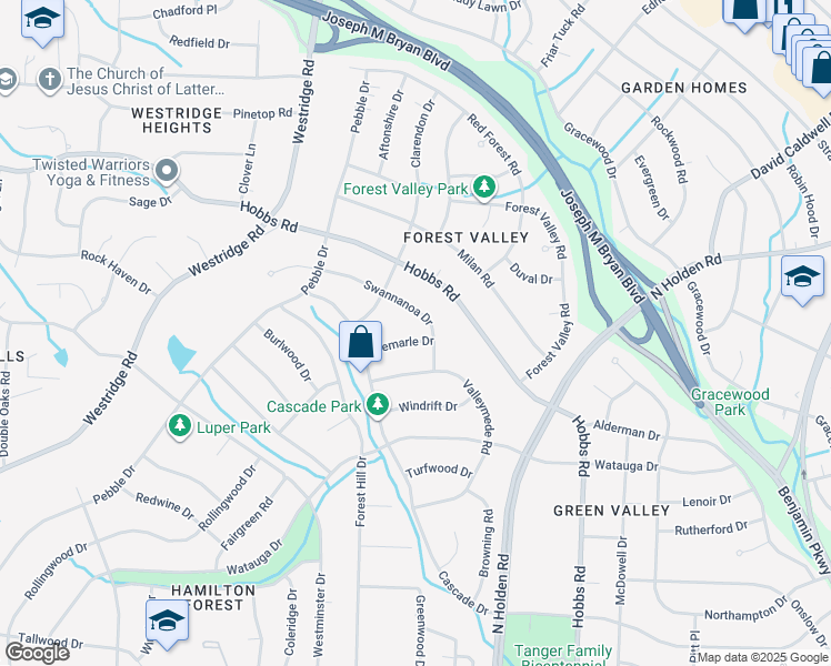 map of restaurants, bars, coffee shops, grocery stores, and more near 3302 Albemarle Drive in Greensboro