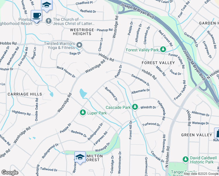 map of restaurants, bars, coffee shops, grocery stores, and more near 1514 Burlwood Drive in Greensboro
