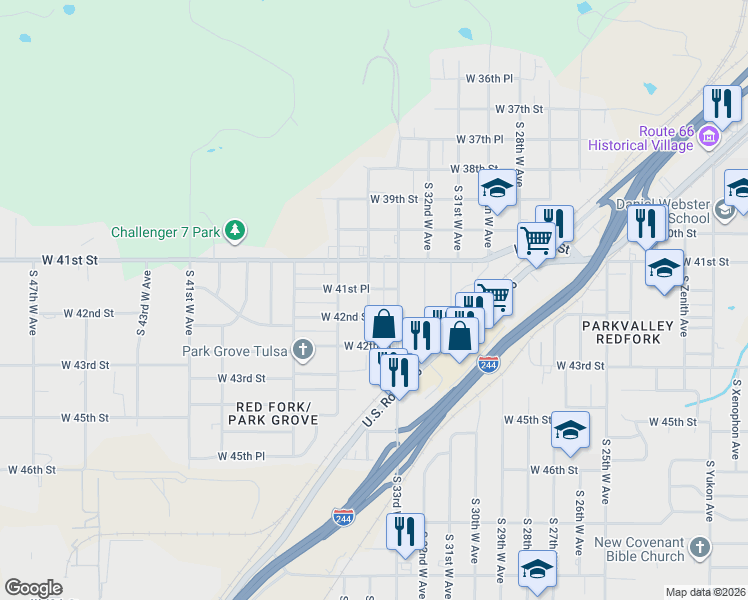 map of restaurants, bars, coffee shops, grocery stores, and more near 4128 South 33rd West Avenue in Tulsa