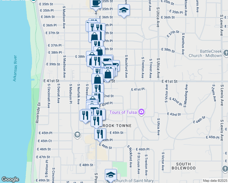 map of restaurants, bars, coffee shops, grocery stores, and more near in Tulsa