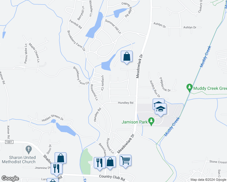 map of restaurants, bars, coffee shops, grocery stores, and more near 5570 Woodspring Drive in Winston-Salem