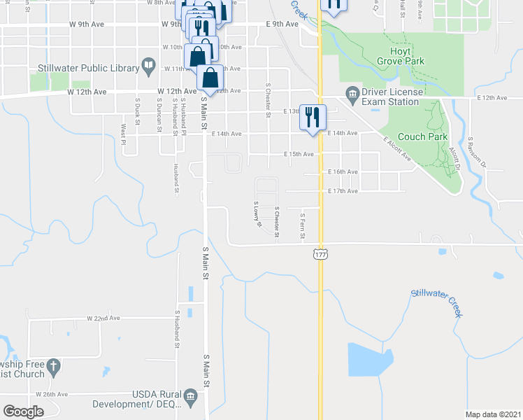 map of restaurants, bars, coffee shops, grocery stores, and more near 321 East 18th Avenue in Stillwater