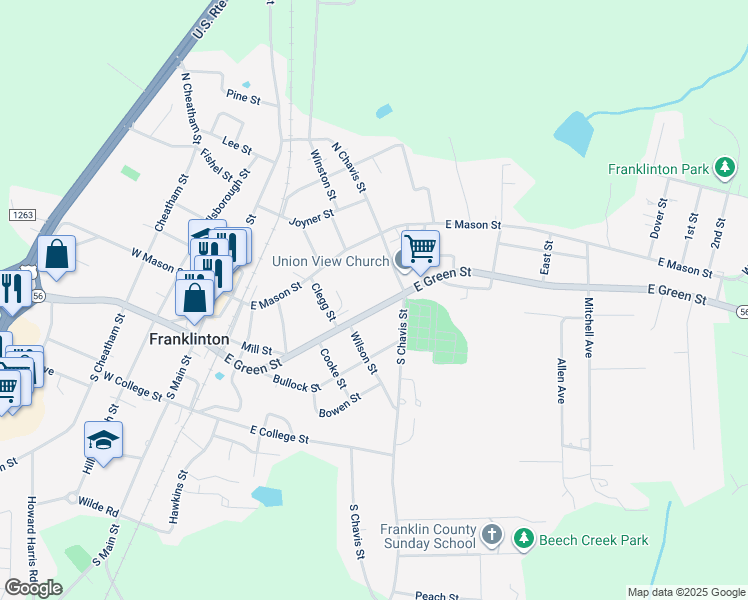 map of restaurants, bars, coffee shops, grocery stores, and more near 419 East Green Street in Franklinton