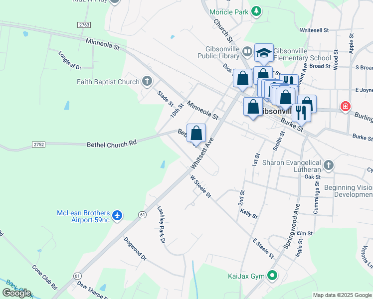 map of restaurants, bars, coffee shops, grocery stores, and more near 412 Homestead Street in Gibsonville