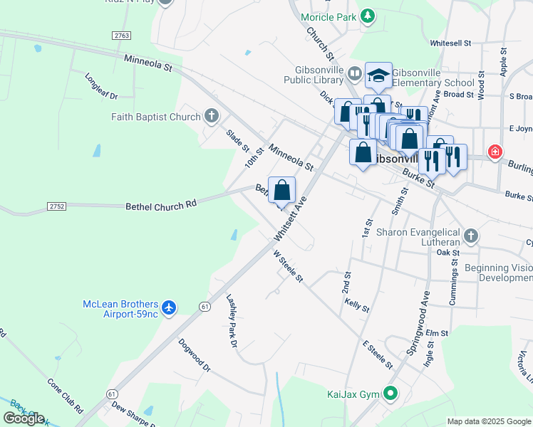 map of restaurants, bars, coffee shops, grocery stores, and more near 412 Homestead Street in Gibsonville