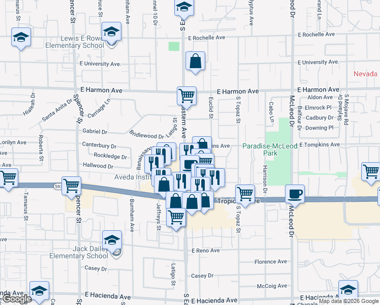 map of restaurants, bars, coffee shops, grocery stores, and more near 4720 South Eastern Avenue in Las Vegas