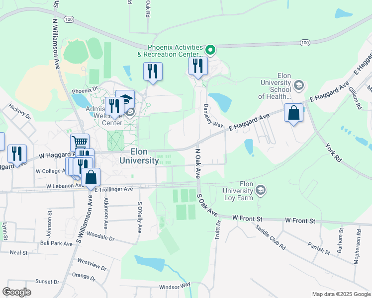 map of restaurants, bars, coffee shops, grocery stores, and more near 474 East Haggard Avenue in Elon