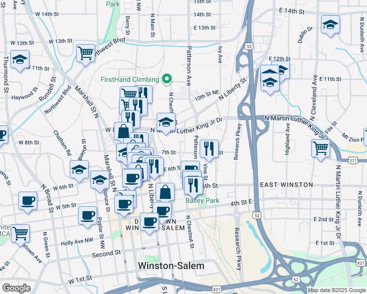 map of restaurants, bars, coffee shops, grocery stores, and more near 712 North Chestnut Street in Winston-Salem