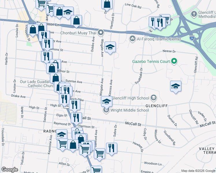 map of restaurants, bars, coffee shops, grocery stores, and more near 3114 Wingate Avenue in Nashville