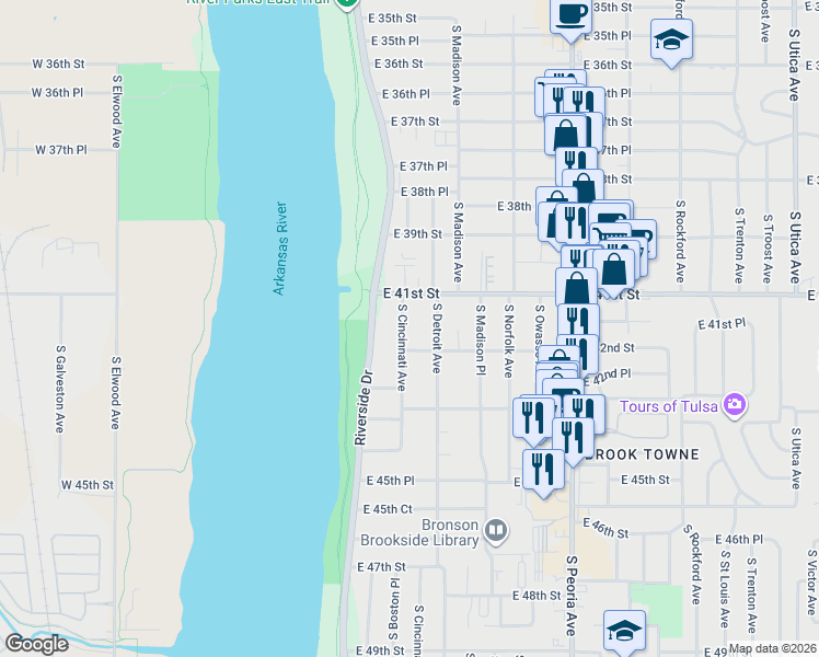 map of restaurants, bars, coffee shops, grocery stores, and more near 4119 South Cincinnati Avenue in Tulsa