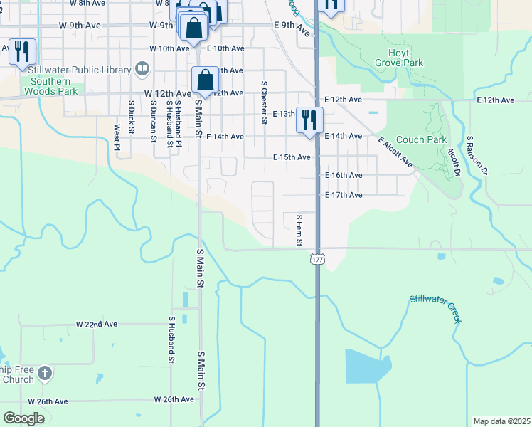 map of restaurants, bars, coffee shops, grocery stores, and more near 410 East 17th Avenue in Stillwater