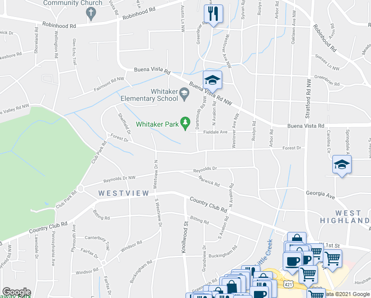 map of restaurants, bars, coffee shops, grocery stores, and more near 2623 Forest Drive in Winston-Salem