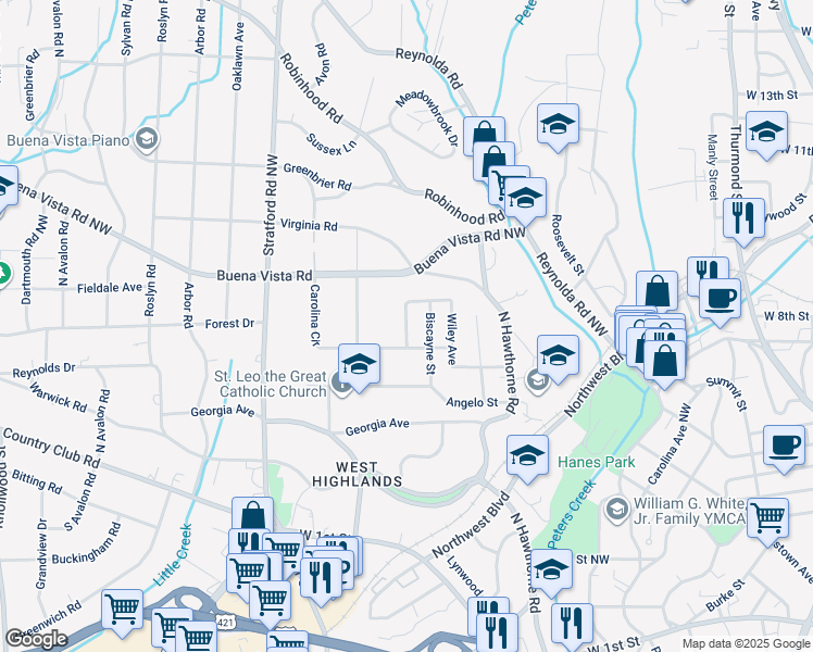 map of restaurants, bars, coffee shops, grocery stores, and more near Holiday Street in Winston-Salem