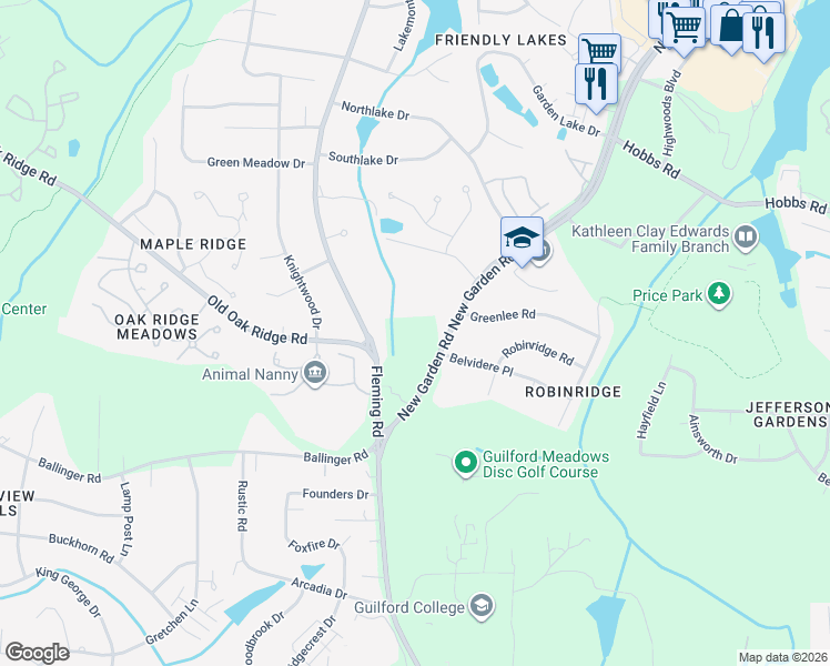 map of restaurants, bars, coffee shops, grocery stores, and more near 1309 New Garden Road in Greensboro