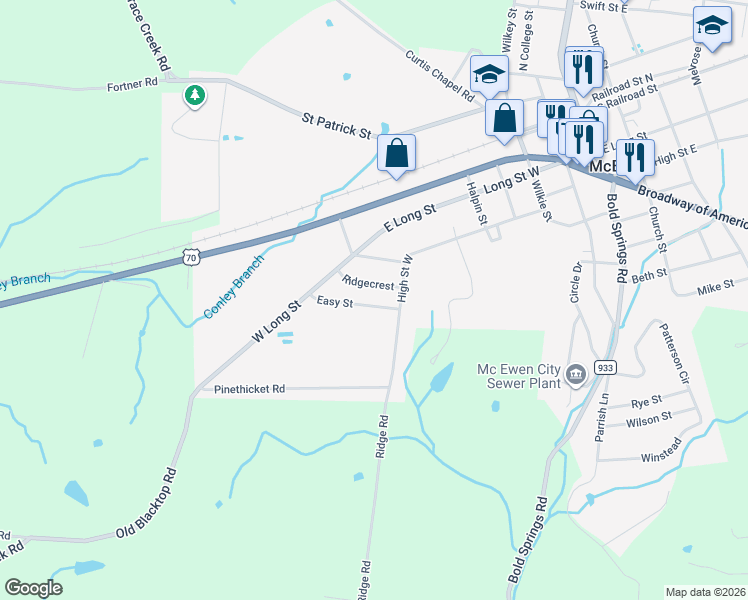 map of restaurants, bars, coffee shops, grocery stores, and more near 77 Ridgecrest in McEwen