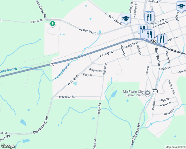 map of restaurants, bars, coffee shops, grocery stores, and more near 84 Easy Street in McEwen