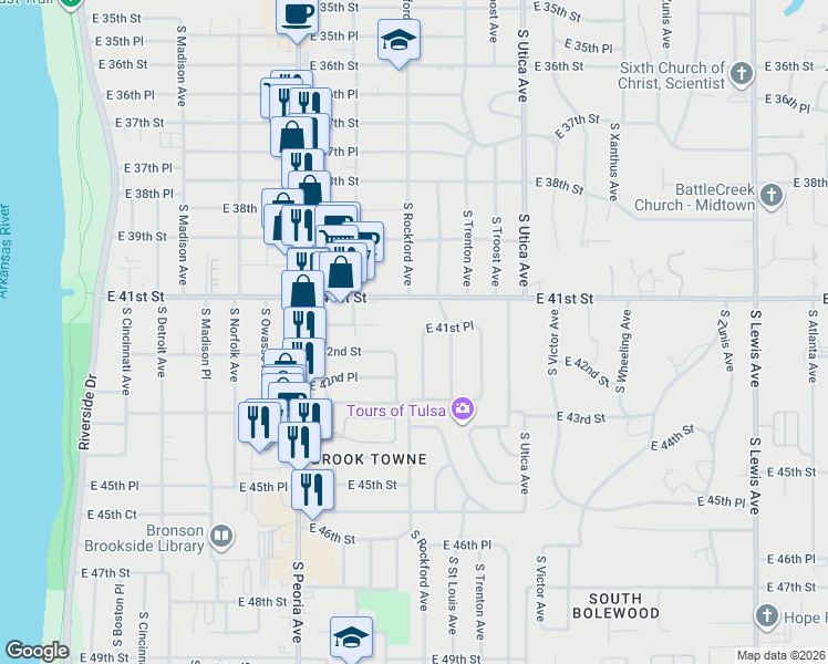 map of restaurants, bars, coffee shops, grocery stores, and more near 4117 South Rockford Avenue in Tulsa