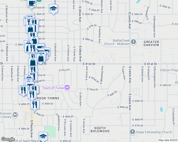 map of restaurants, bars, coffee shops, grocery stores, and more near 4125 South Victor Avenue in Tulsa