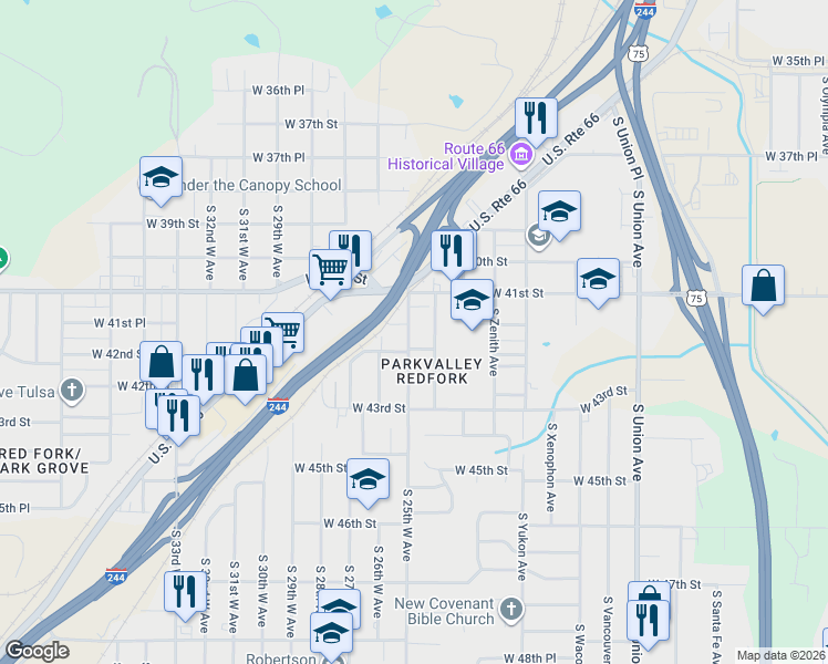 map of restaurants, bars, coffee shops, grocery stores, and more near 2521 West 41st Place in Tulsa