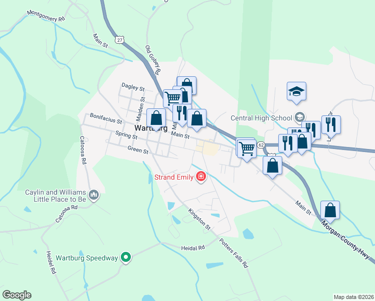 map of restaurants, bars, coffee shops, grocery stores, and more near 805 Spring Street in Wartburg