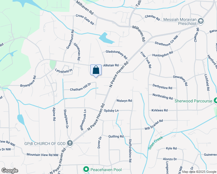 map of restaurants, bars, coffee shops, grocery stores, and more near 812 North Peace Haven Road in Winston-Salem