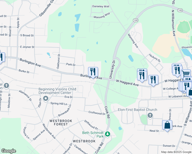 map of restaurants, bars, coffee shops, grocery stores, and more near 1000 Cook Road in Gibsonville