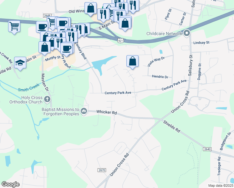 map of restaurants, bars, coffee shops, grocery stores, and more near 1210 Century Park Avenue in Kernersville