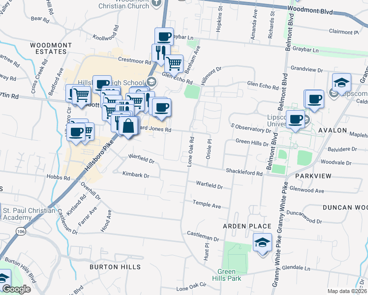 map of restaurants, bars, coffee shops, grocery stores, and more near 4107 Lone Oak Road in Nashville