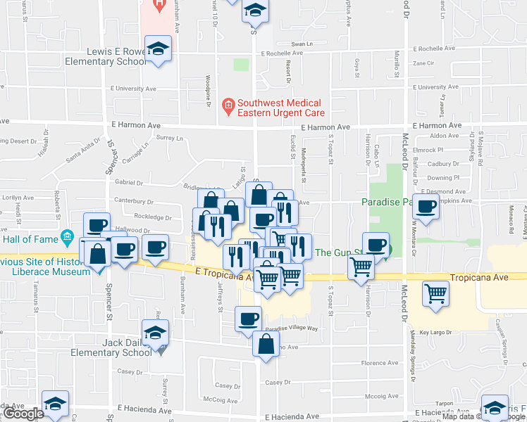 map of restaurants, bars, coffee shops, grocery stores, and more near 4720 South Eastern Avenue in Las Vegas