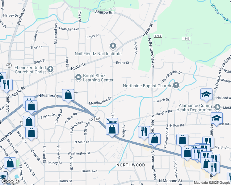 map of restaurants, bars, coffee shops, grocery stores, and more near 505 Baldwin Road in Burlington