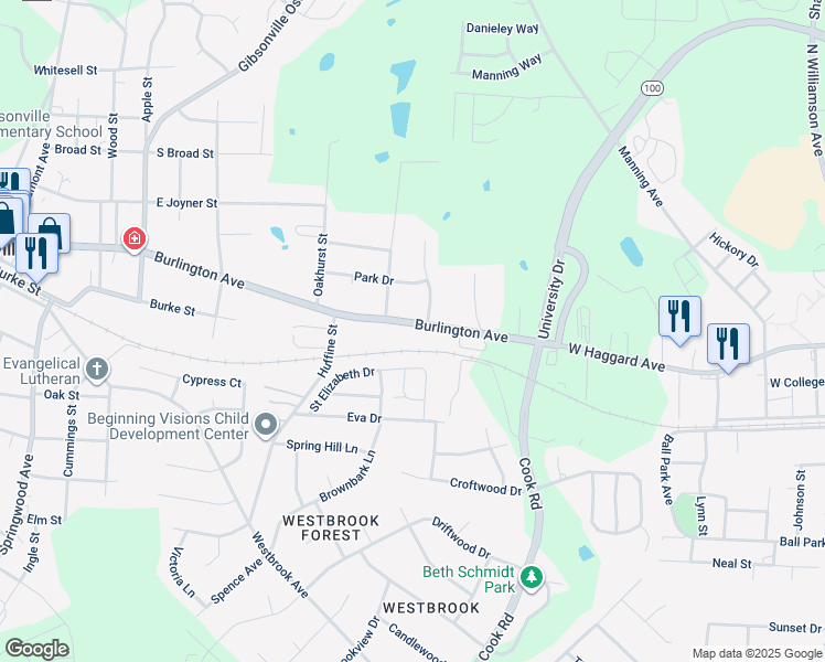 map of restaurants, bars, coffee shops, grocery stores, and more near 914 Burlington Avenue in Gibsonville