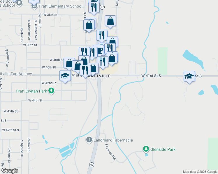 map of restaurants, bars, coffee shops, grocery stores, and more near 4116 Rustic Road in Sand Springs